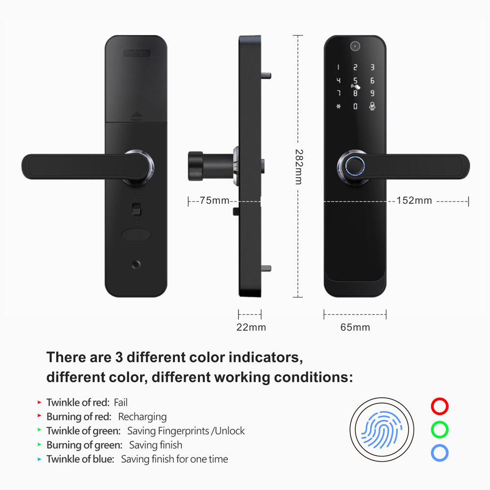 Smart Life Tuya WIFI Access Control Fingerprint Keypad Card Video Doorbell Handle Lock HR07P (Black)