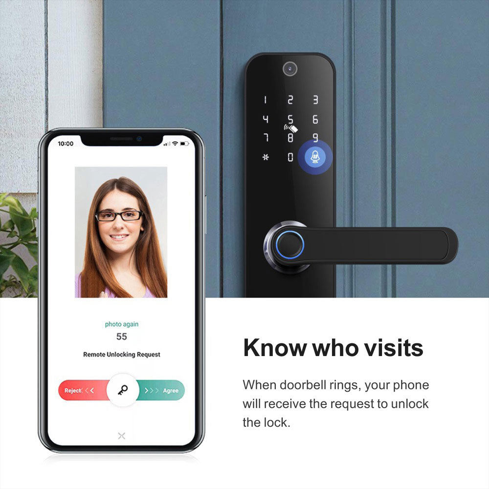Smart Life Tuya WIFI Access Control Fingerprint Keypad Card Video Doorbell Handle Lock HR07P (Black)