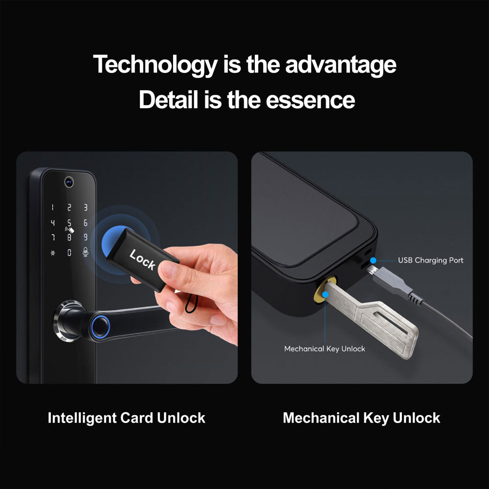 Smart Life Tuya WIFI Access Control Fingerprint Keypad Card Video Doorbell Handle Lock HR07P (Black)